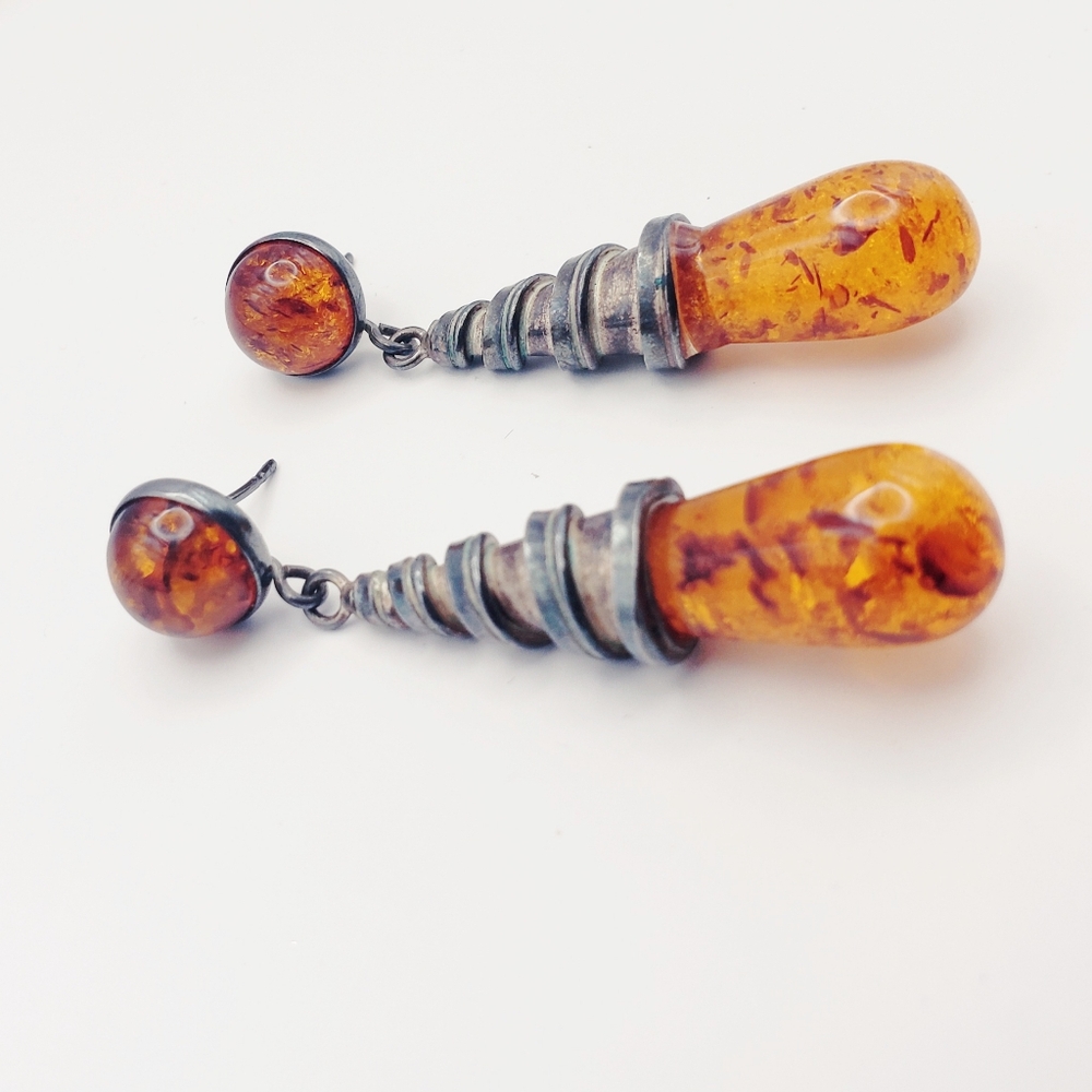 SS 925 Baltic Amber Fossilized Tree Resin Lampwork Dangly Statement Earrings